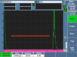 Representación del detector de defectos por ultrasonido convencional adquirida a partir de una pieza metálica sólida