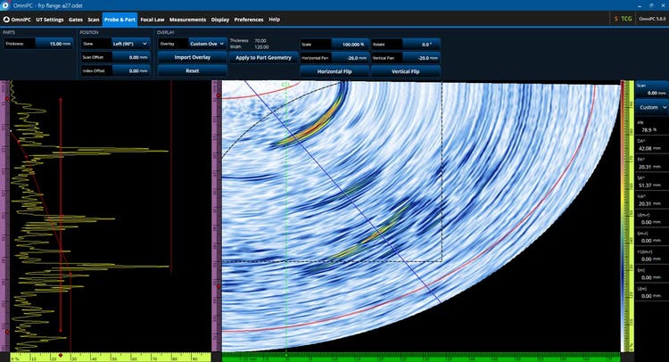 Resultados del escaneo Phased Array en brida FRP mostrados en el software de análisis de datos OmniPC