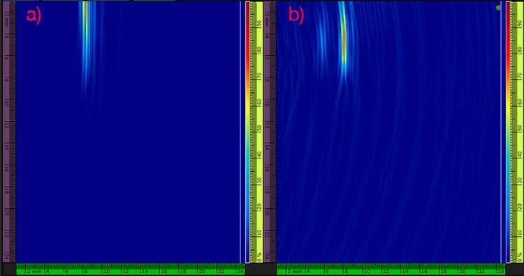 Figura 8: Representaciones TFM obtenidas usando el a) modo 5T y el b) modo TL-T Ganancia análoga de 16 dB usada en a) y de 35 dB en b)