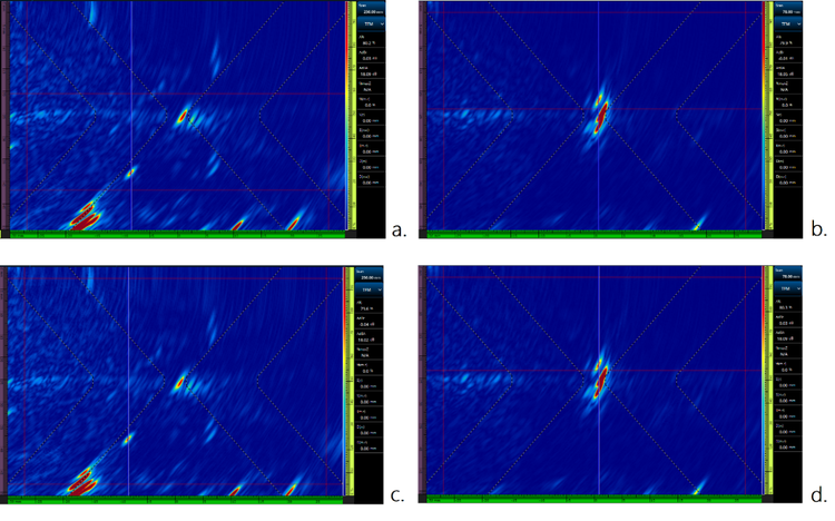 FMC/TFM Velocidad máxima de escaneado de matriz completa: 18 mm/s (a y b), FMC/TFM Sparse 1/2 velocidad máxima de exploración: 36mm/s (c y d)
