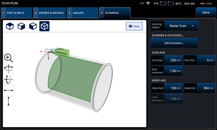 Pestaña «Escaneo» del plan de escaneo del detector OmniScan X3