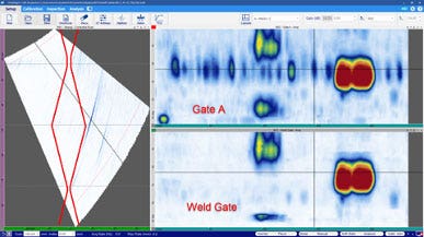 Puerta de soldadura del software WeldSight, aplicada a los archivos de adquisición del detector OmniScan X3 (.odat), los cuales muestran una imagen ampliada de un defecto hallado en una soldadura