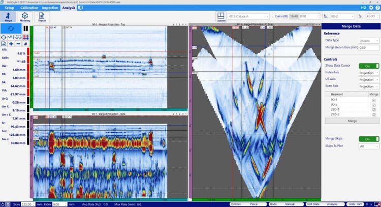 Combinación de datos habilitada a partir de los datos de imágenes que derivan de la inspección de soldadura con el detector de defectos por ultrasonido multielemento (Phased Array) OmniScan X3 y la herramienta «Cursores de porción/proyección» del software WeldSight