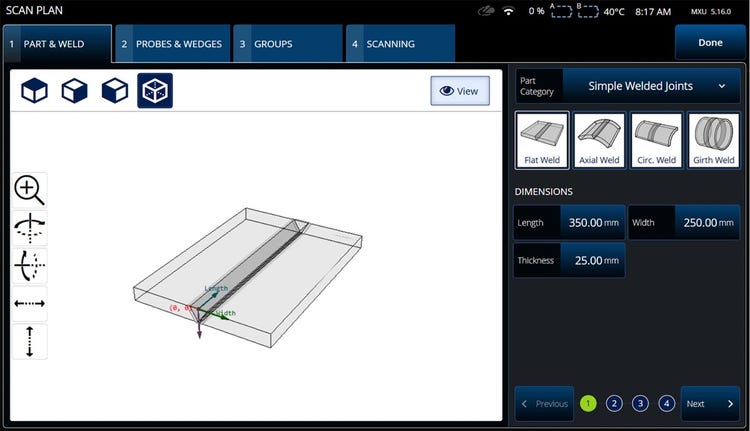Representación 3D de una pieza destinada a la inspección de soldaduras y configuración de soldadura en el plan de escaneo OmniScan X3