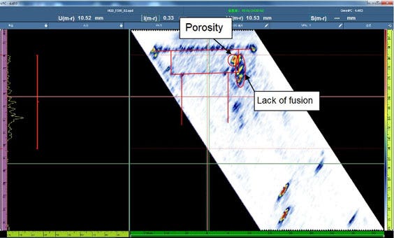 Representación de la porosidad y la falta de fusión en la soldadura por fricción y agitación, proporcionada por el detector de defectos por ultrasonido multielemento (Phased Array) OmniScan MX2.