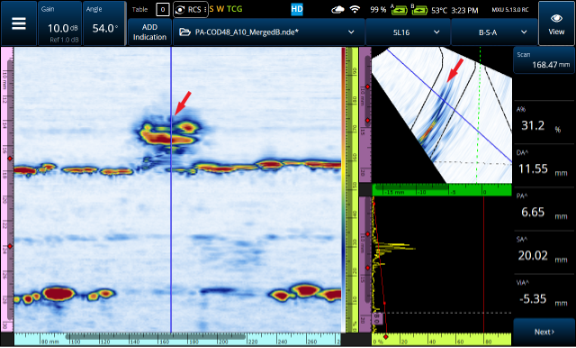 Cursor de escaneo ubicado sobre la parte más profunda del defecto en el B-scan combinado