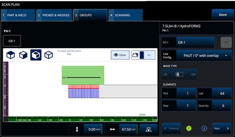 Configuración de ley focal en 0° con superposición para un ensayo ultrasónico PA con el detector de defectos OmniScan X3