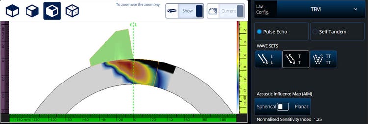 Ejemplo de una simulación AIM en una pared de tubo con una sonda y suela (zapata) bajo la configuración de onda TT del TFM sobre reflector esférico