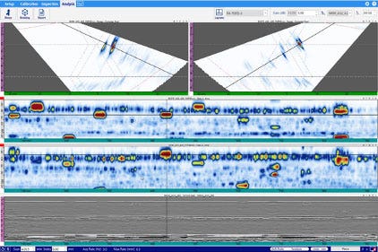 Datos de difracción de tiempo de vuelo (TOFD) y ultrasonido multielemento (Phased Array) adquiridos por el detector de defectos OmniScan X3, y mostrados en un diseño personalizado del software de análisis avanzado WeldSight dedicado a los ensayos no destructivos