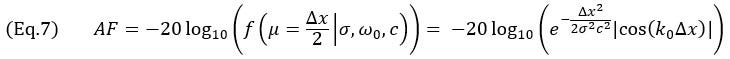 (Eq.7) AF=-20 registro_10⁡〖(f(μ=Δx/2│σ,ω_0,c))= -20 log_10⁡(e^(-(Δx^2)/(2σ^2 c^2 )) |cos⁡(k_0 Δx) |) 〗