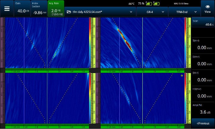 Quatre images en mode TFM sur l’écran de l’appareil de recherche de défauts par ultrasons multiéléments OmniScan X3