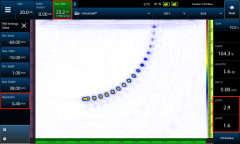 Envelope ON—the TFM image reconstruction results are clearer and sharper, the amplitude is increased, and no data is lost.