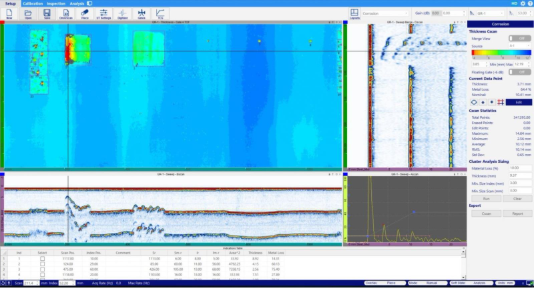 WeldSight software’s corrosion manager screen with corrosion indication table, cluster statistics, C-scan, A-scan, minimum thickness measurement, etc.