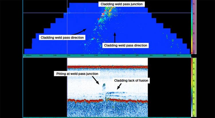 Dati con viste C-scan e B-scan di vaiolature da corrosione e fusioni incomplete di rivestimento saldato