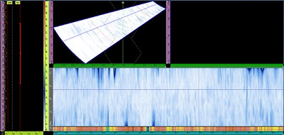 Fig. 4: Vista A-C-S multigruppo di una saldatura con assenza di difetti con il gruppo di controllo dell'accoppiante visualizzato nella parte inferiore