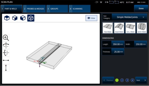 3D representation of a weld inspection part and weld setup in the OmniScan X3 scan plan