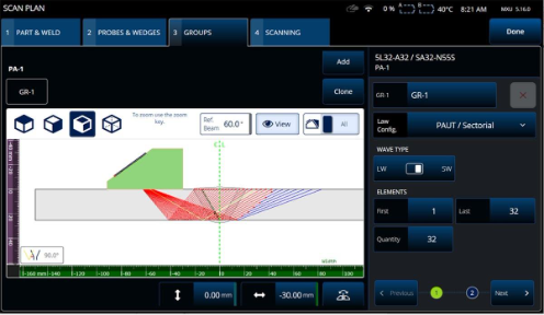 Near field of a phased array probe displayed on the groups setup tab