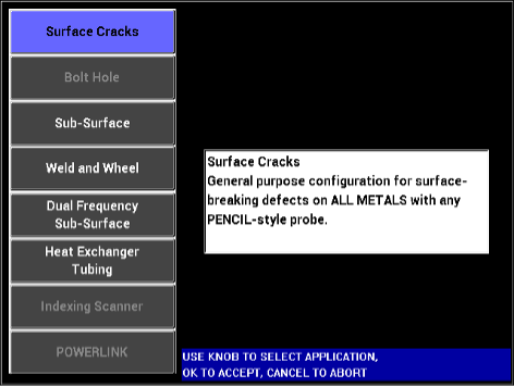 Menu con parametri predefiniti in base all'applicazione nel rilevatore di difetti eddy current NORTEC 600