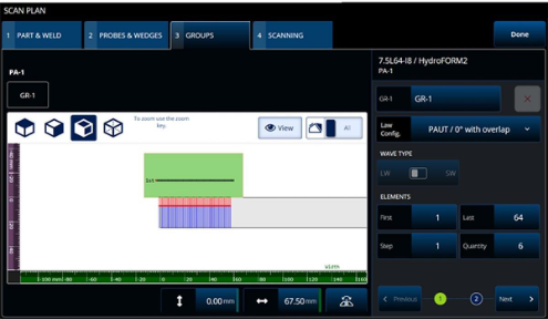 OmniScan X3 flaw detector PAUT zero-degree with overlap focal law configuration