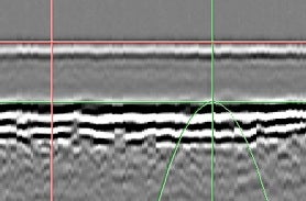 Measurement in good area showing Thickness as 7.39mm. Tofd (m-r) reading shows distance between positioned cursors.