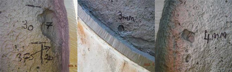 Showing assorted pitting post-removal and surface prep of process pipework