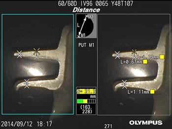 図6 IPLEX NXの超広視野3Dステレオ計測なら、この構成部品の狭い遠位端であっても正確な計測が可能である。