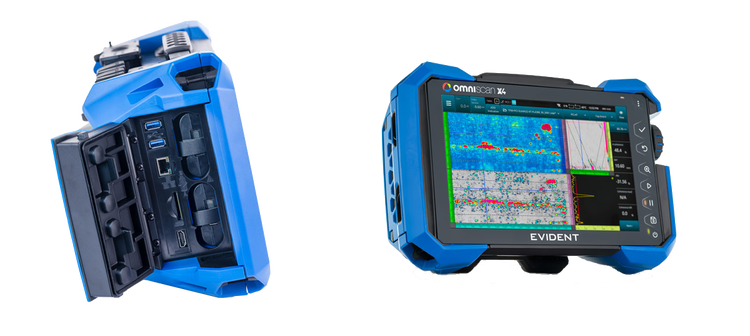 OmniScan X4 side view with USB port show. Right image: OmniScan X4 front view showing total focusing method and phase coherence imaging on the display