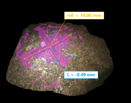 十字の窪み部分の3D表示。紫で示される基準面から青い点までの距離を計測する面基準計測の3D表示
