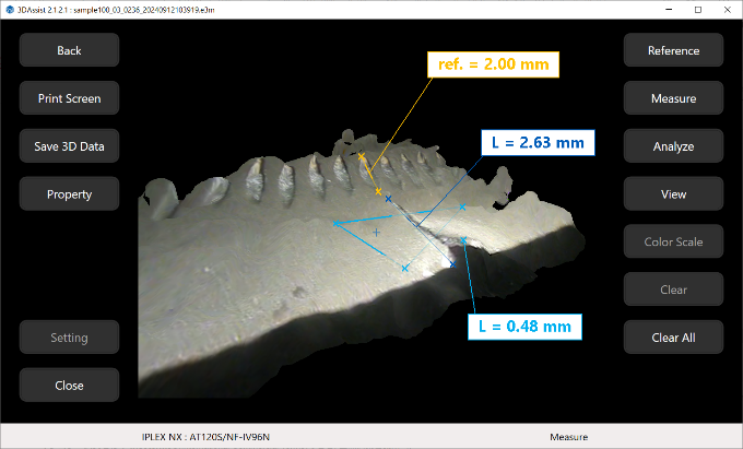 航空機翼の欠陥に2点間計測、平面基準計測を適用した3D画像
