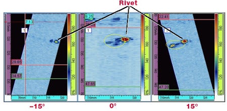 OmniScan print screen showing crack detection using the second configuration. -15 degrees (left); 0 degrees (center); +15 degrees (right)