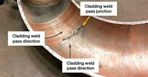 Corrosion pitting occurring at the junction between cladding weld passes