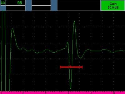 Typical flaw indication, echo in red gate