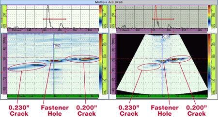 OmniScan print screen showing crack detection using first configuration. Lateral linear scan (left); lateral skewing scan (right)