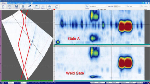 Weld gate of WeldSight software, which generates a C-scan using only data from inside the weld and heat affected zone.