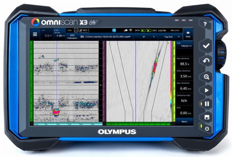 진폭을 사용하지 않는 탐상 기술인 실시간 위상 일관성 영상(PCI)을 사용하는 OmniScan X3 64 결함 탐상기의 단선 스캔