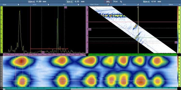 A-scan, S-scan, and C-scan views of data acquired with a standard wedge on a flat plate