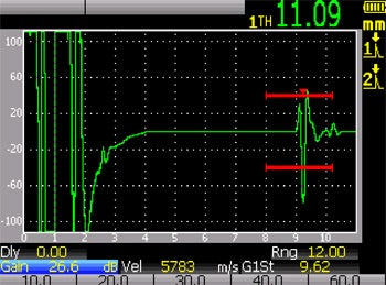 40米（125英尺）电缆。激励脉冲振铃进一步增加。厚度读数偏移1.09毫米。