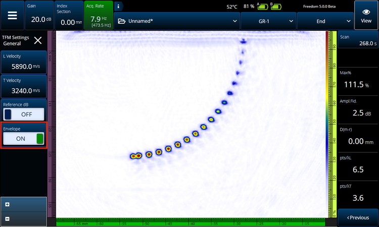 Envelope ON—the TFM image is clearer and sharper, the flaws amplitude is increased and varies smoothly, and no data is lost.