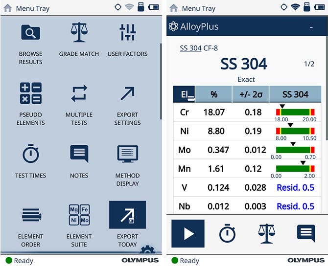 XRF分析仪的用户界面（左图）。XRF分析结果（右图）。