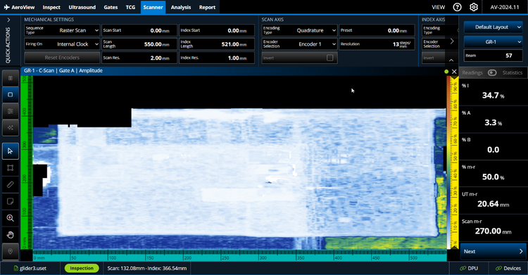 AeroView Inspection（AeroView检测）软件中的实时C扫描，显示了通过运行OmniScan Black Box（OmniScan黑盒子）应用程序的OmniScan X4并使用GLIDER扫查器获取的数据。