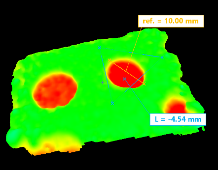 盲孔的3D视图，带深度测量值，有颜色渐变。